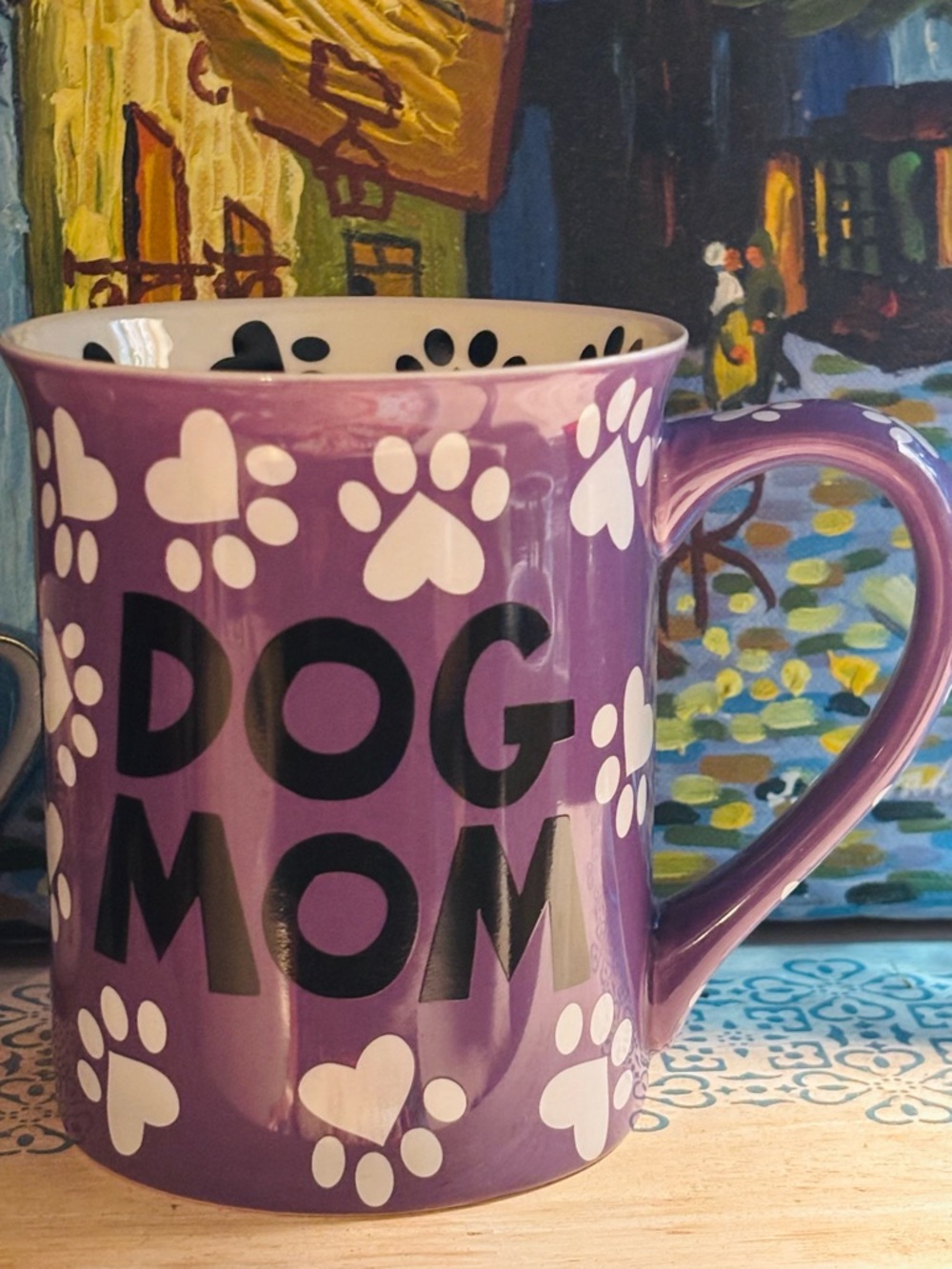 Purple Dog Mom Mug with Paw and Heart Pattern